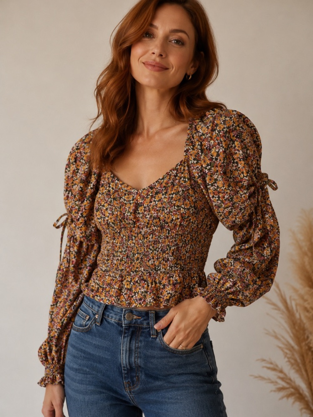 easel Sunflower Floral Smocked Puff-Sleeve Blouse
